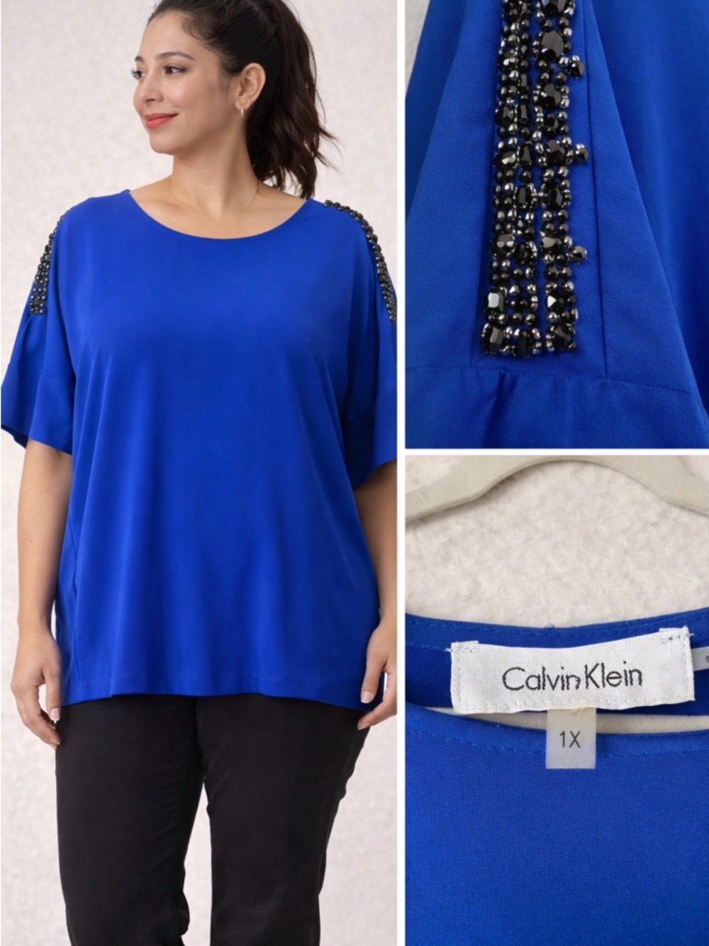 Calvin Klein Royal Blue Beaded Shoulder Blouse